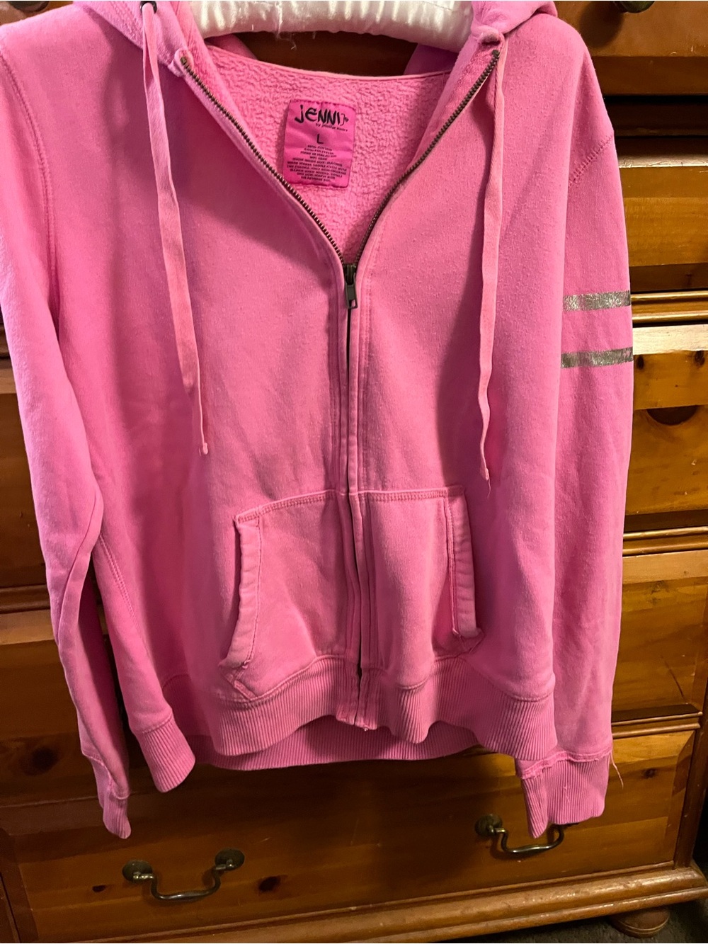 Jenni Pink Full-Zip Hooded Sweatshirt with Metallic Sleeve Stripes